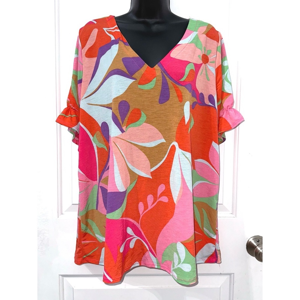 Sew in Love Colorful Floral Print top with ruffle sleeves